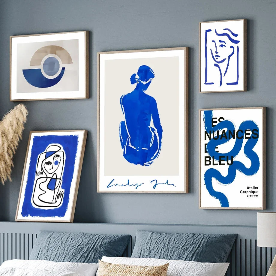 Scandinavian Simple Abstract Wall Art Blue Girl Body Lines Face HD Canvas Poster Print Home Bedroom Living Room Decoration