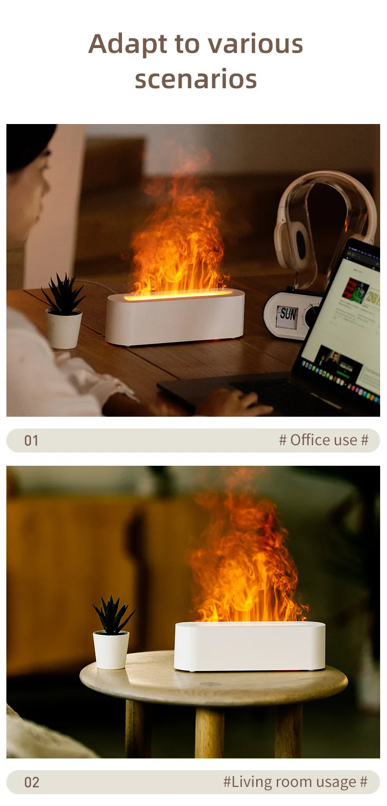 Flame Aroma Diffuser Essential Oil Air Humidifier Ultrasonic Cool Mist Difusor with RGB Realistic Fire Night Light