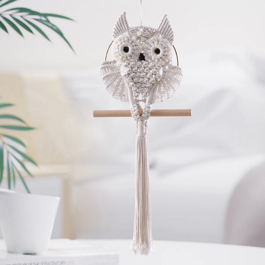 Boho Owl Macramé Wall Hanging Handwoven Lace Tapestry Natural Fiber Bohemian Room Decor Artisan Crafted Accent Piece