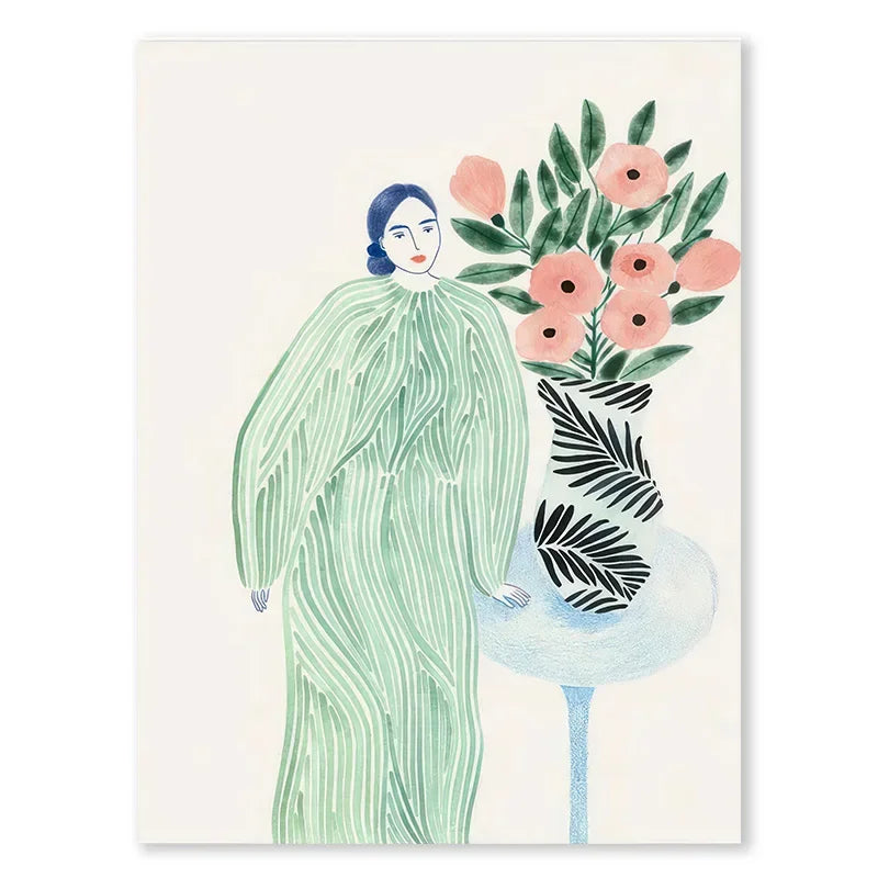 Tulip Violets Vase Woman Coat Flower Posters Light Green Abstract Aesthetics Canvas Painting Print Pictures Living Room Decor