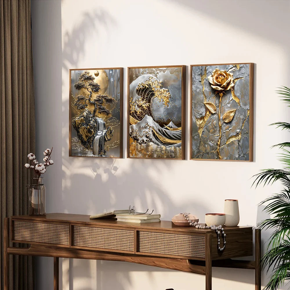 Golden Tree and Moon Abstract Painting Canvas Print, Luxury Wall Art, Minimalist Poster, Asian Style Pictures For Home Interior