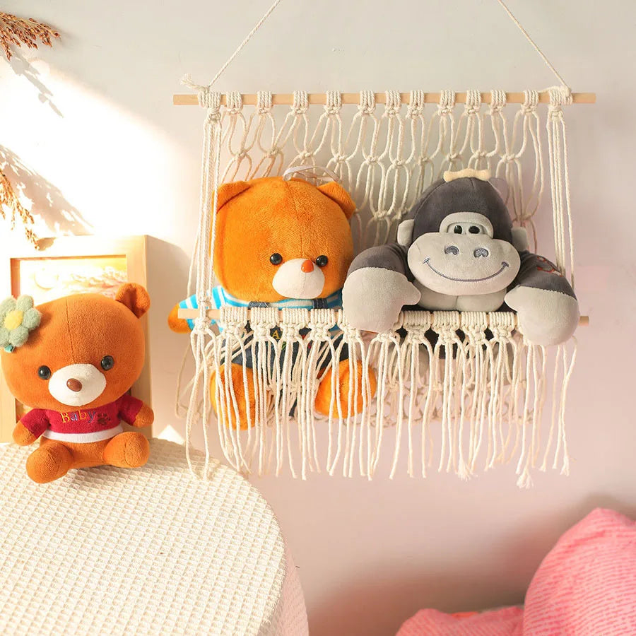 Nordic Hand-woven Cotton Rope Macrame Toy Doll Book Storage Hammock Hanging For Nursery Playroom Bedroom Decoration Wall Shelf