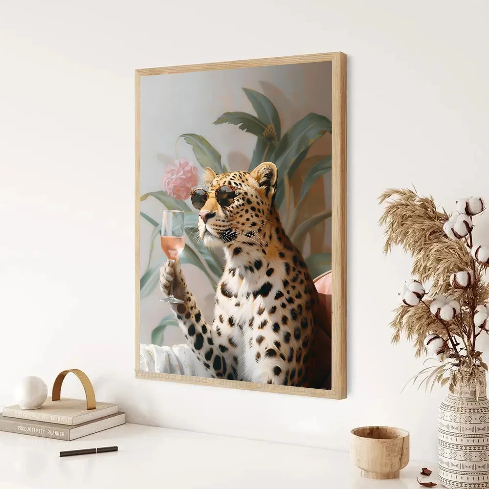 1PC Modern Maximalist Boho Wall Art Animals Leopard Lion Giraffe Monkey Poster Self-adhesive Art Waterproof Paper Sticker Coffee