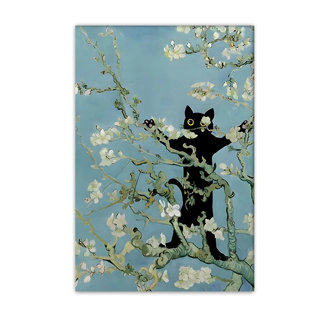 Funny Black Cat Wall Art Van Gogh Poster Abstract Famous Reproduction Canvas Painting Aesthetic Room Home Decor