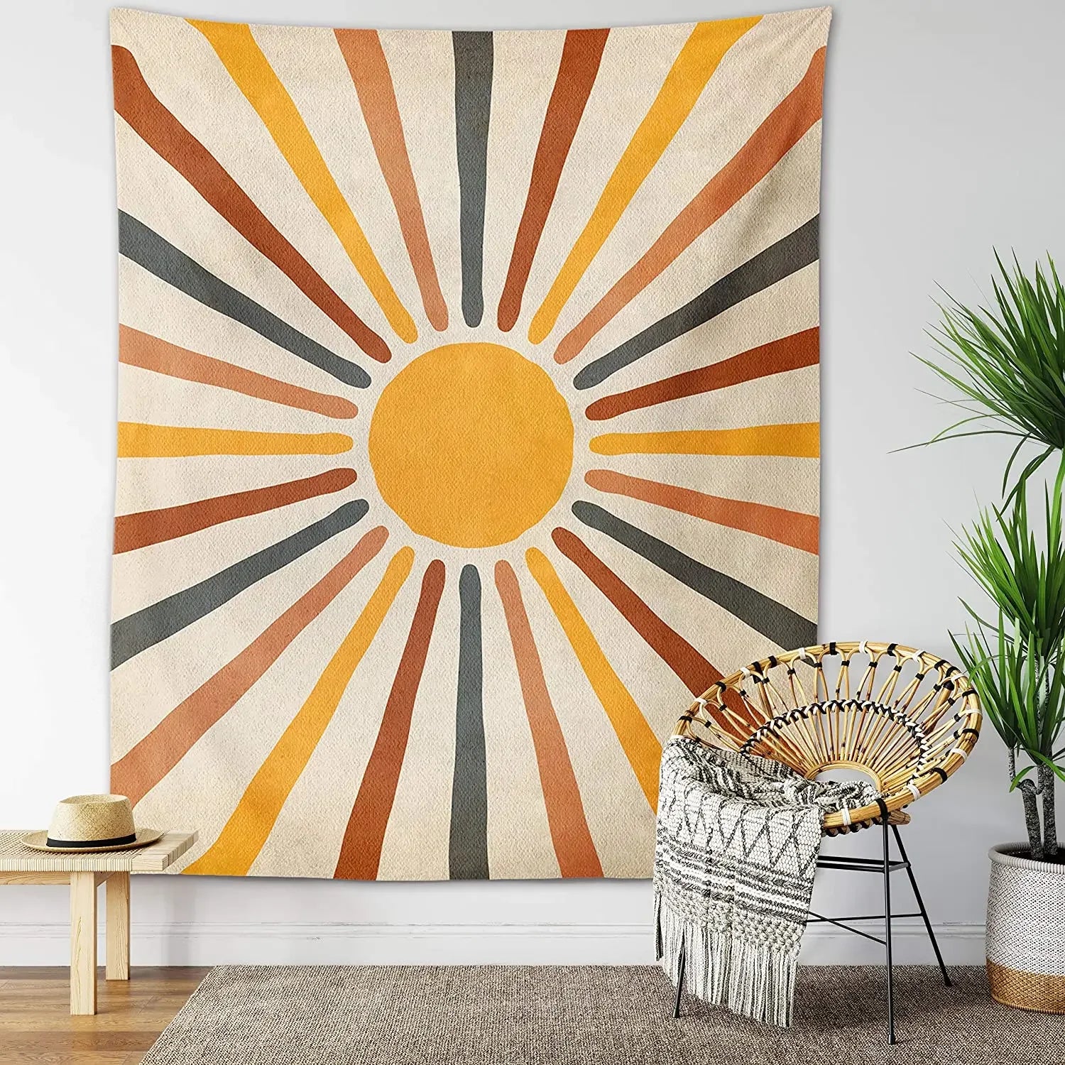 Vintage Sun and Moon Tapestry Retro 70s Rainbow Sunrise Sunset Abstract Boho Wall Hanging Hippie Meditation Bohemian Decor Tapiz