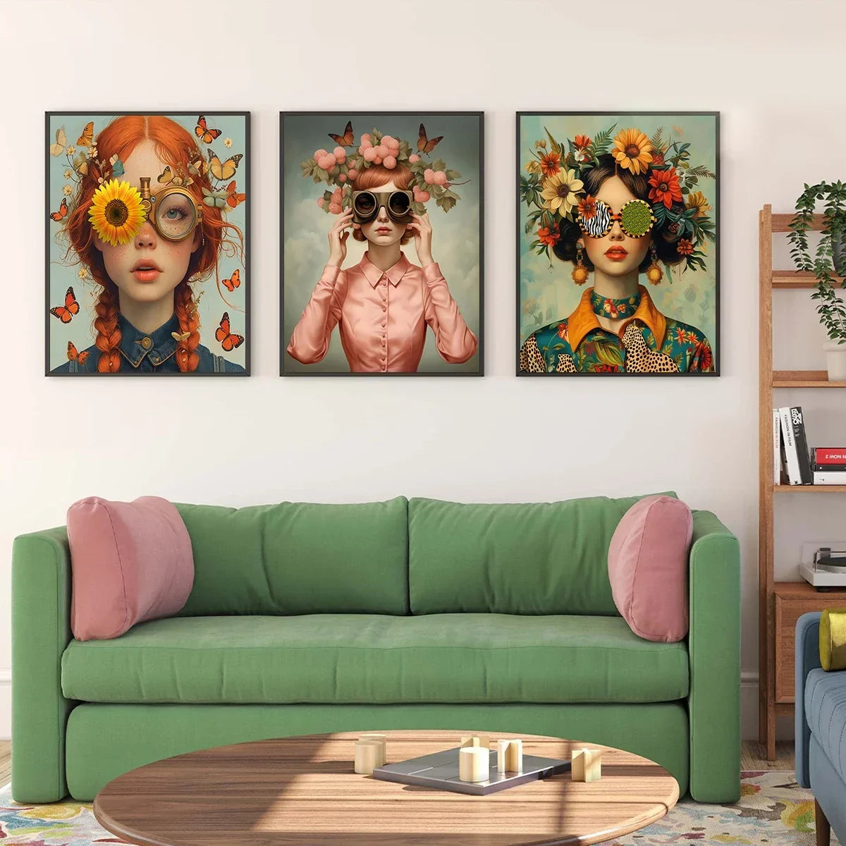 3pcs Nordic Boho Fashion Glasses Woman with Flowers Wall Art Canvas Painting Butterfly Girl Portrait Poster Prints Mural Picture
