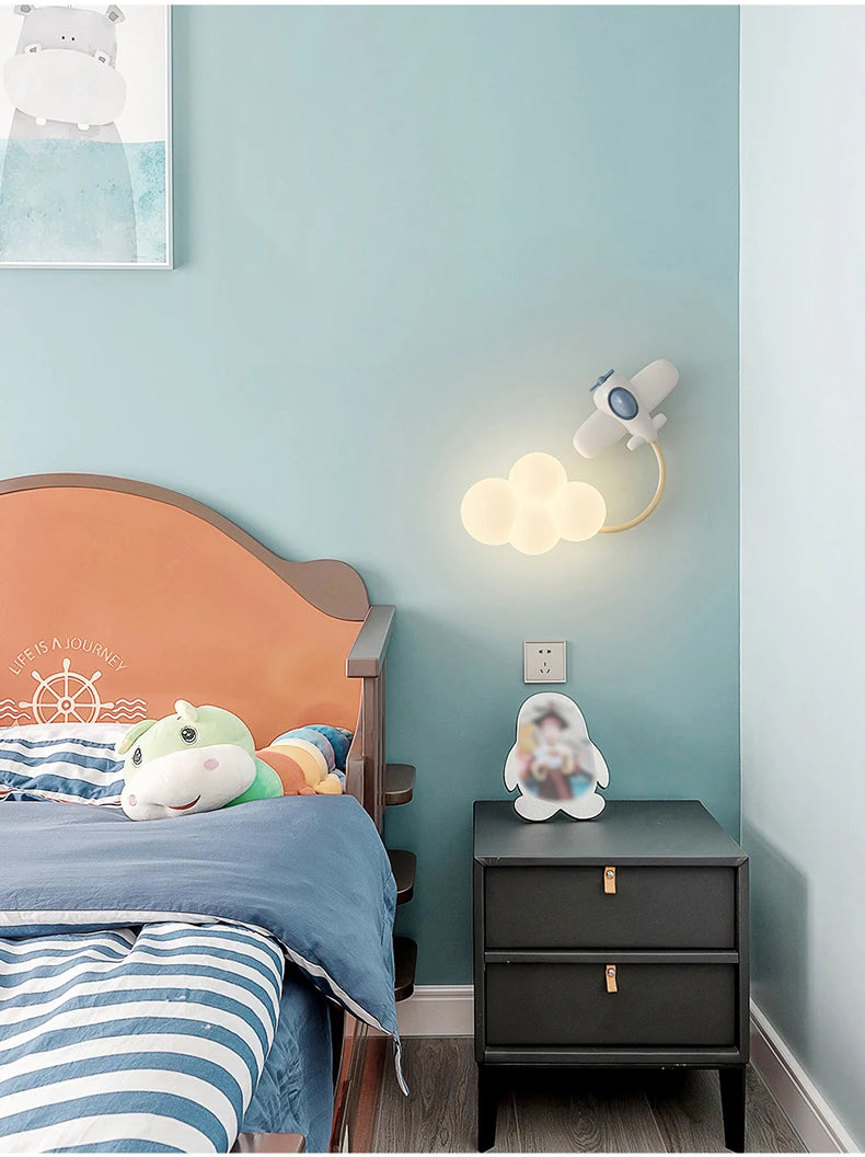 Cartoon Airplane Wall Lights PE Lampshade Star Rainbow Kite Hot air balloon Cloud Night Light Children Bedroom Bedside Wall Lamp