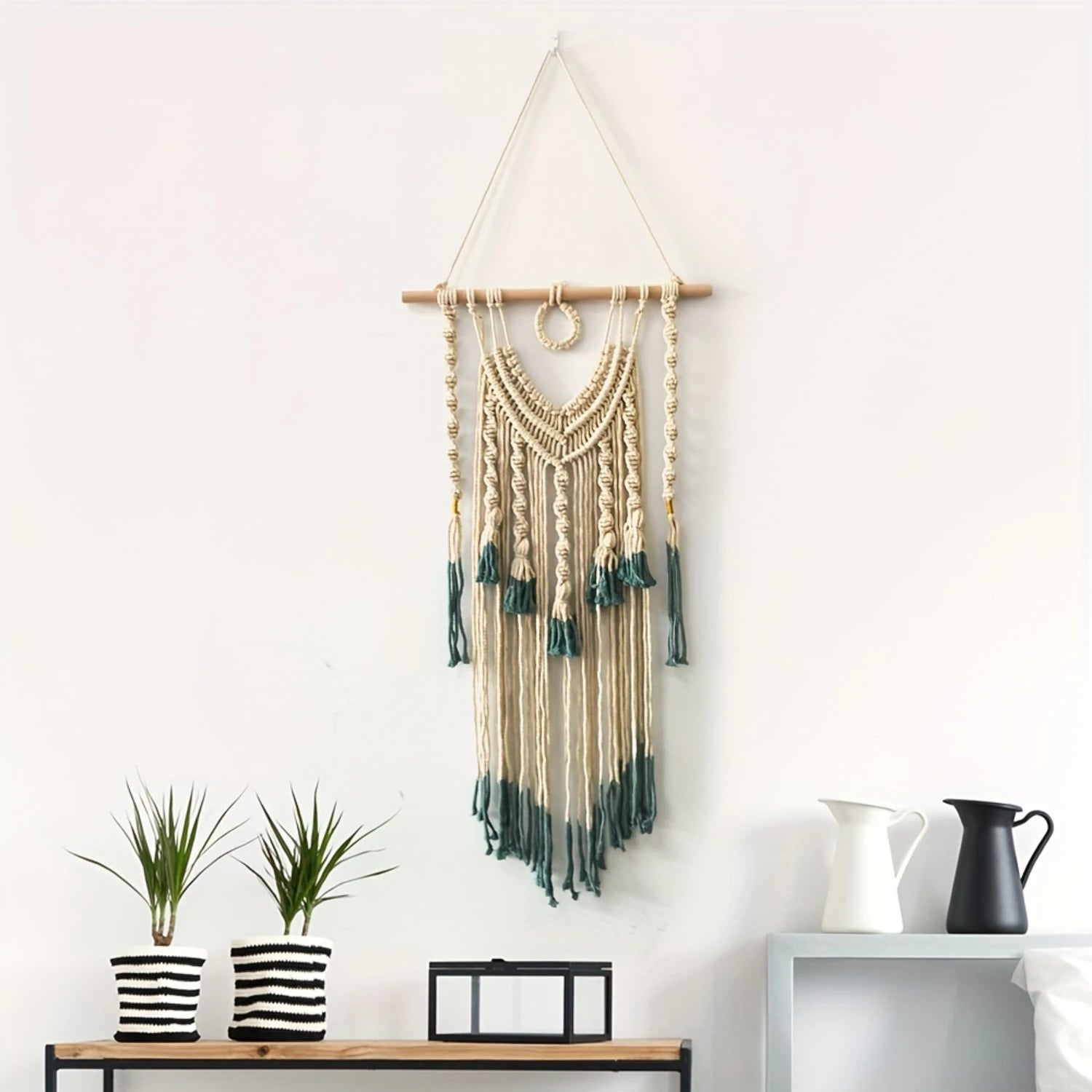 1pc Bohemian Tapestry Green And Beige Woven With Tassel, Macrame Wall Hanging For Bedroom Living Room  Decor
