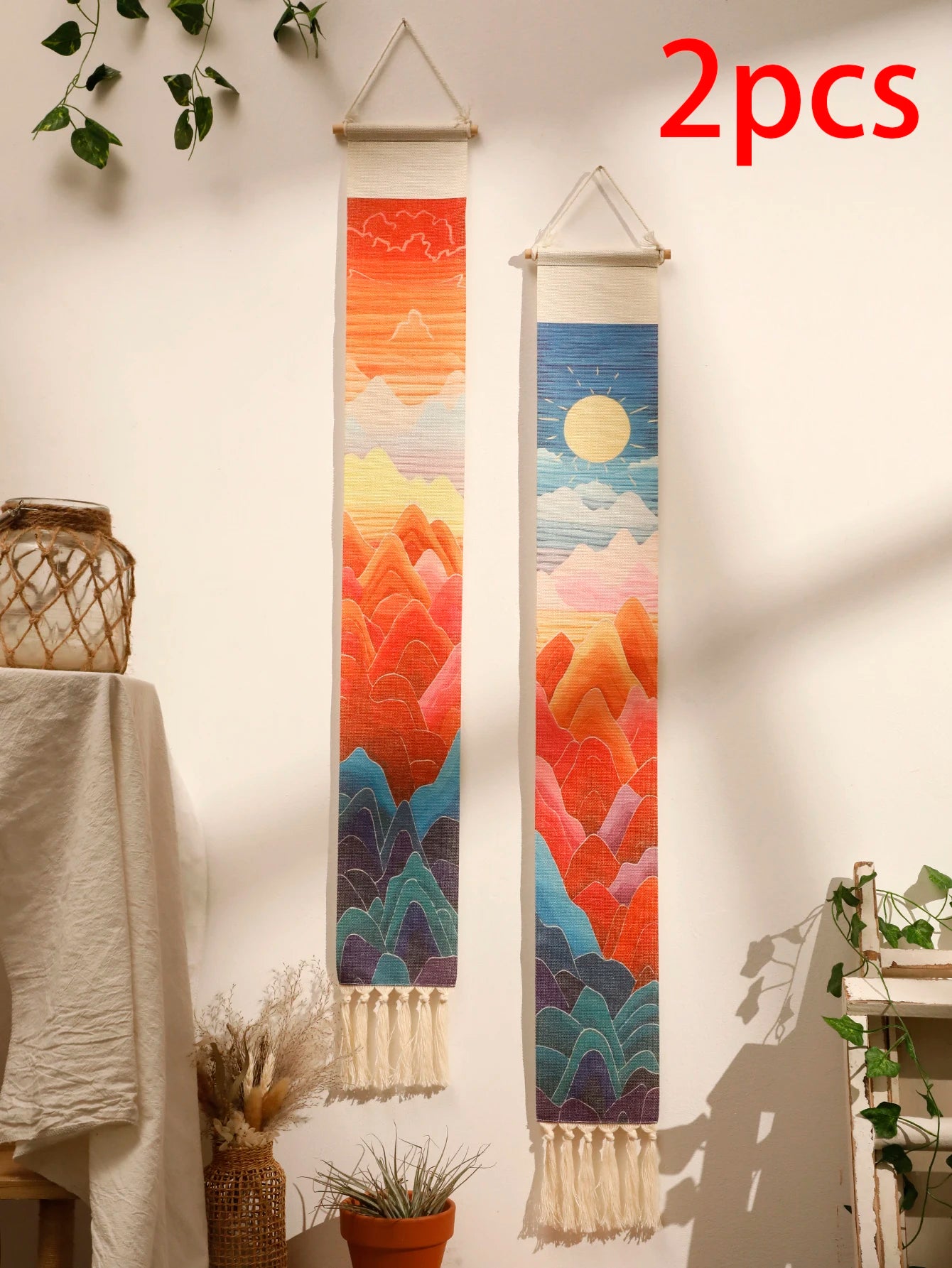 Macrame Wall Tapestry Mountain & Sunrise and sunset Boho Home Decoration Tapestry Wall Hanging Room Decors Aesthetic Wall Decor