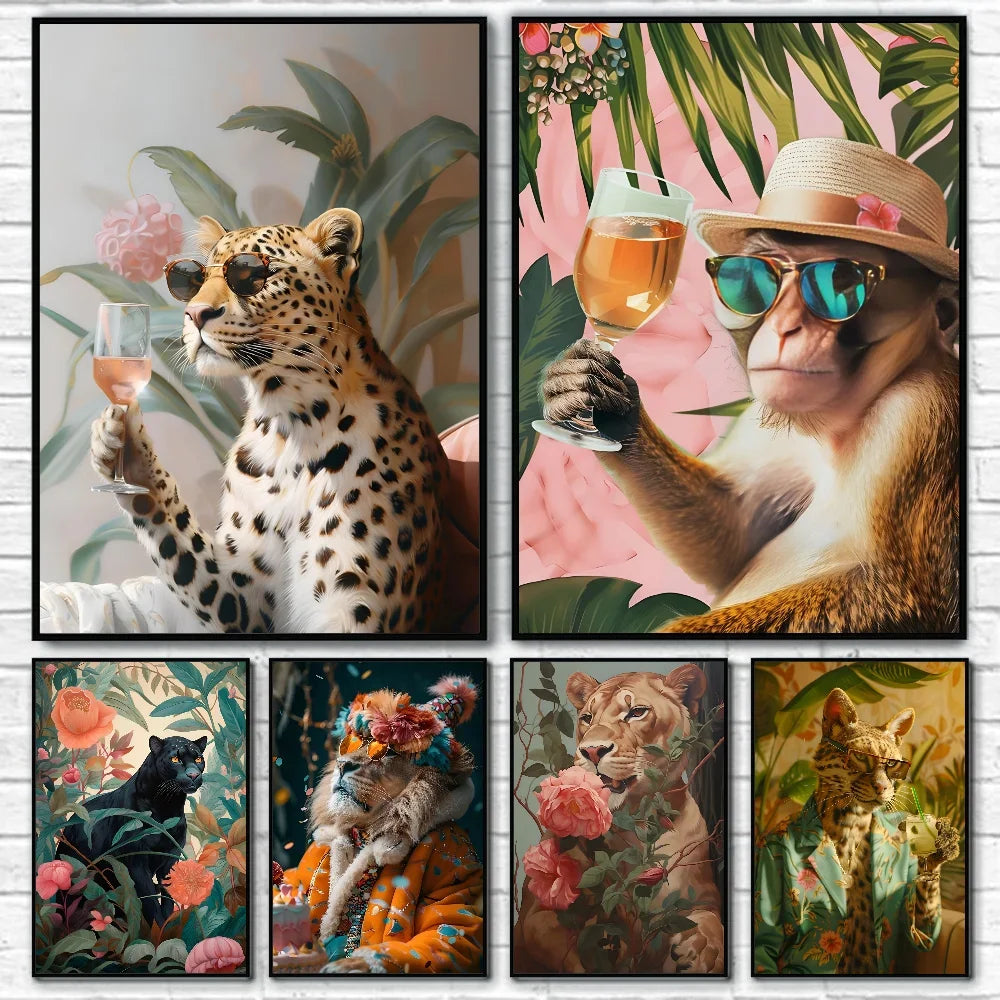 1PC Modern Maximalist Boho Wall Art Animals Leopard Lion Giraffe Monkey Poster Self-adhesive Art Waterproof Paper Sticker Coffee
