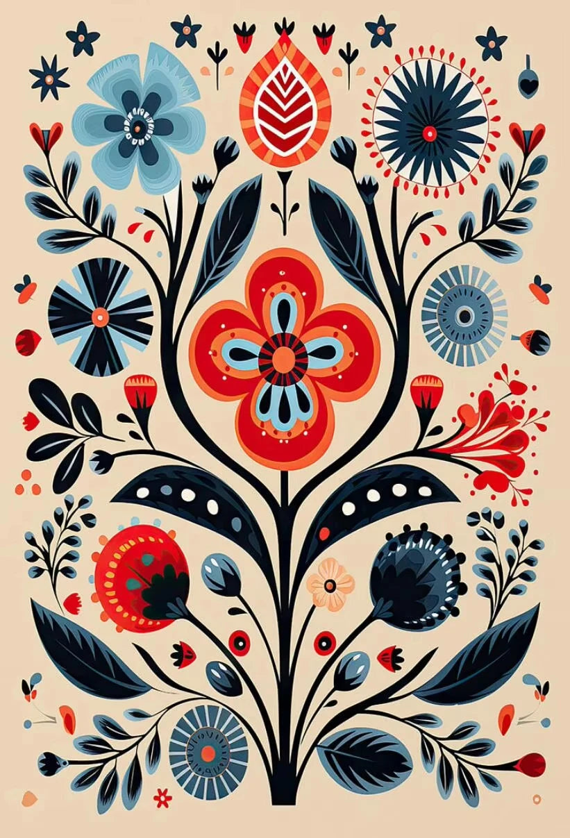 Norwegian Folk Art Floral Bird Poster Nordic Print Abstract Canvas Painting Scandinavian Wall Art Picture Living Room Home Decor