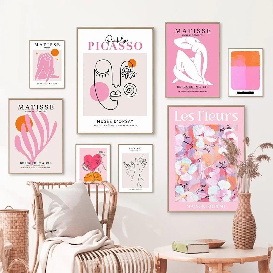 Modern Abstract Wall Art Pink Orange Picasso Lines Face Nude HD Canvas Print Poster Home Living Room Bedroom Decoration