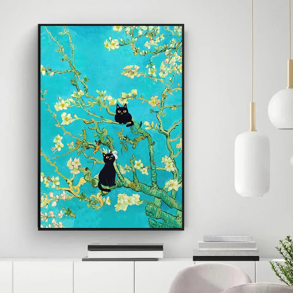 Funny Black Cat Wall Art Van Gogh Poster Abstract Famous Reproduction Canvas Painting Aesthetic Room Home Decor