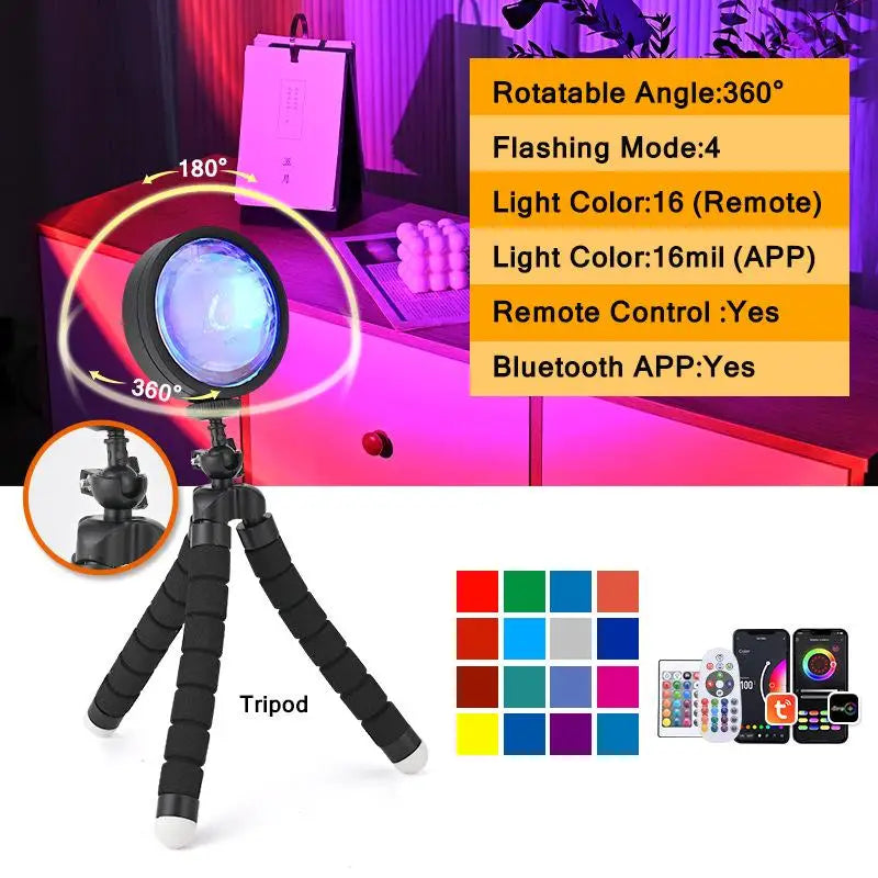 APP Remote Control 360 Degree Rotation Sunlight Lamp Projector with 16 color 4 Modes Rainbow Sunset Light