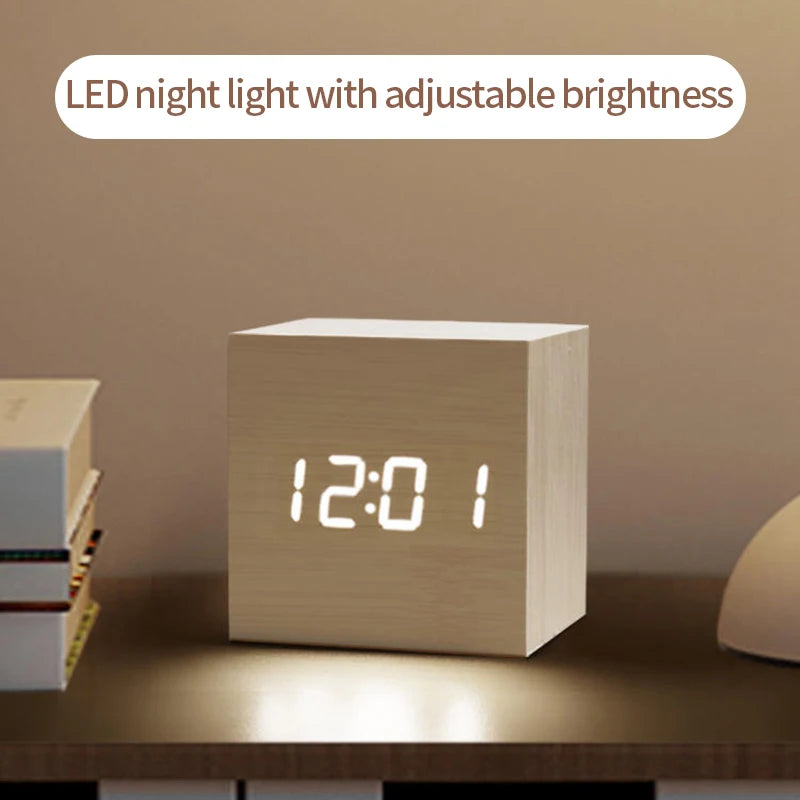 Wooden Digital Alarm Clock with Temperature Cube Electronic Control Clocks LED Alarm Clock Office Decoration Room Desk Decor