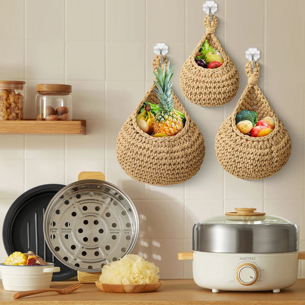 Handwoven Hanging Wall Vegetable Fruit Basket Organizer Container for Kitchen Garden Mount Wall Plant Flower Onion Storage Decor