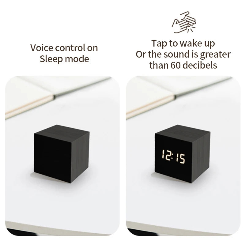 Wooden Digital Alarm Clock with Temperature Cube Electronic Control Clocks LED Alarm Clock Office Decoration Room Desk Decor