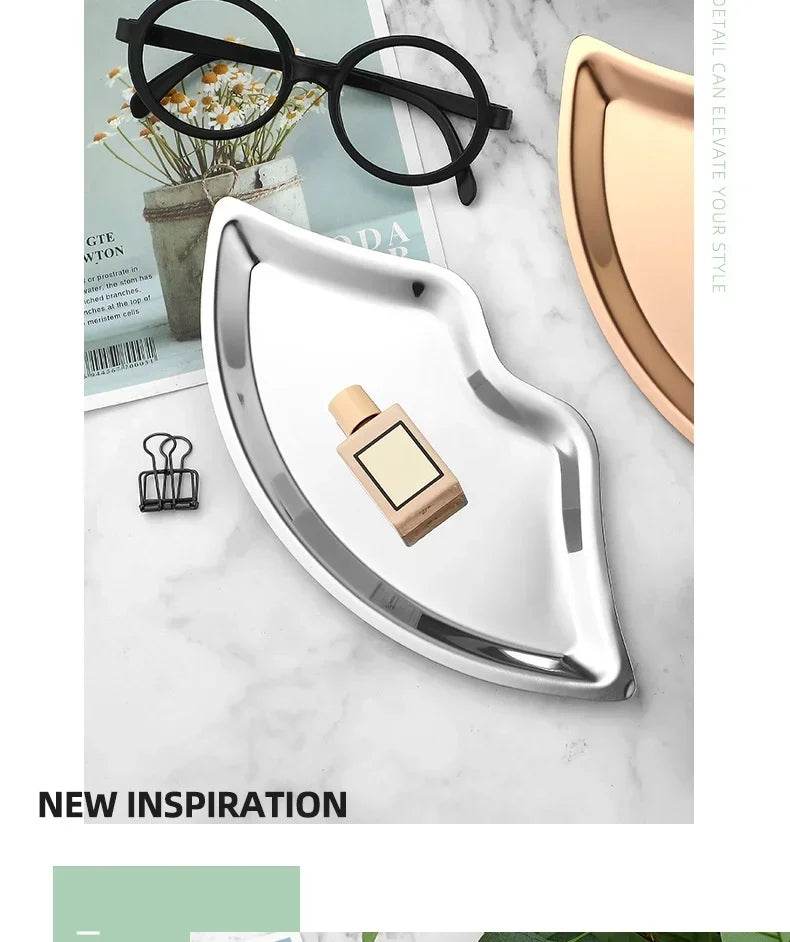 Korean Style Ins Style Stainless Steel Lip Shaped Jewelry Tray Home Cosmetics Metal Tray Female Jewelry Storage Tray Decorative
