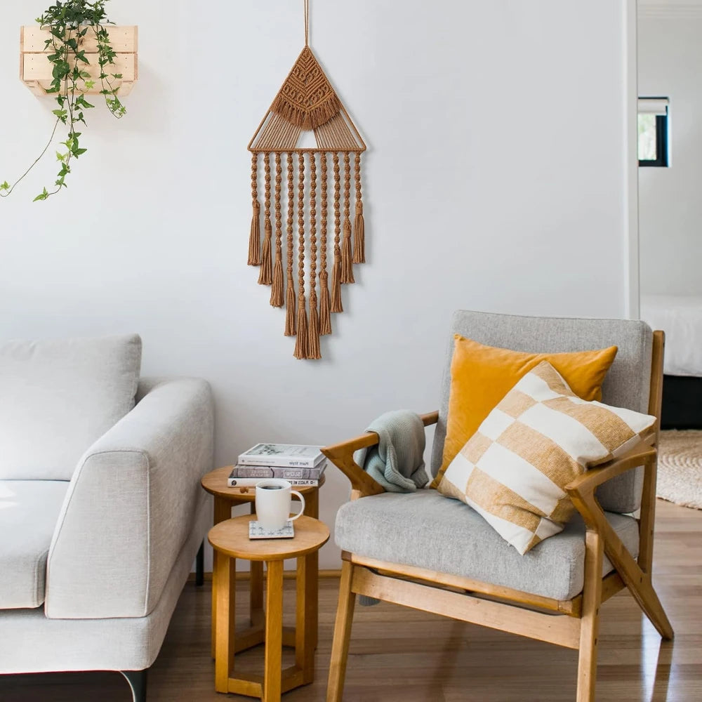 Macrame Dream Catcher Wall Hanging Decor Brown Triangle Woven Tassel Tapestry Art Boho Apartment Bedroom Door Home Decoration