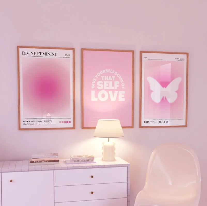 Pink Aura Affirmation Love Circle Butterfly Poster Print Canvas Art Pictures Home for Bedroom Wall Decor Frameless Painting