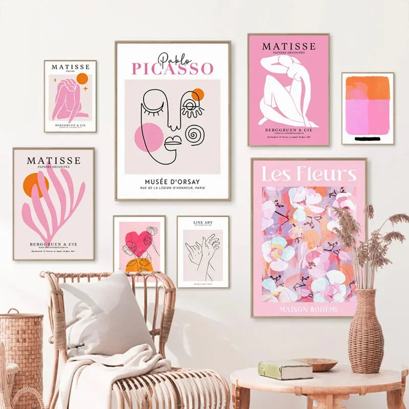 Modern Abstract Wall Art Pink Orange Picasso Lines Face Nude HD Canvas Print Poster Home Living Room Bedroom Decoration