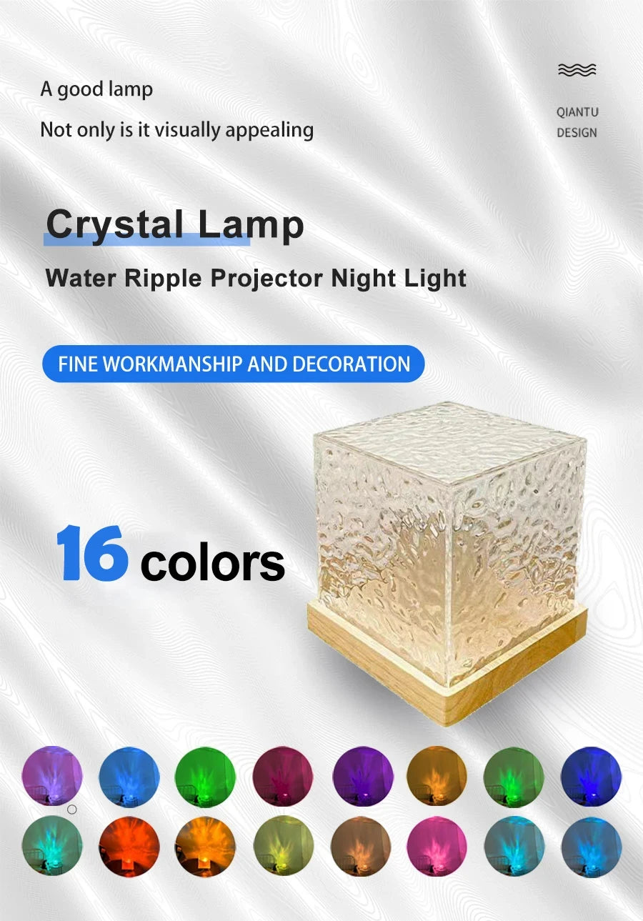 Water Ripple Projector 3/16 Colors Night Light Flame Crystal Lamp Home Houses Decoration Sunset Lights Gift Rotating Light