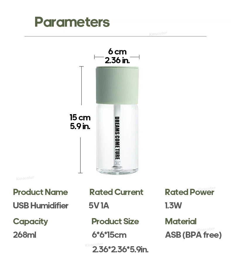 Rechargeable Mini Humidifier 268ml USB Mute Cool Mist Sprayer for Home Bedroom Car Portable Moisturizes Skin Water Diffuser