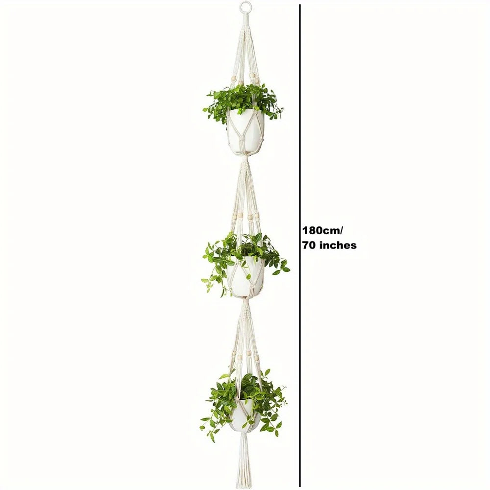 1pc, Macrame Double Plant Pendant Indoor Outdoor, 2 Tier/3Tier Hanging Planter Basket Cotton Rope With Beads 49 Inches/70 Inches