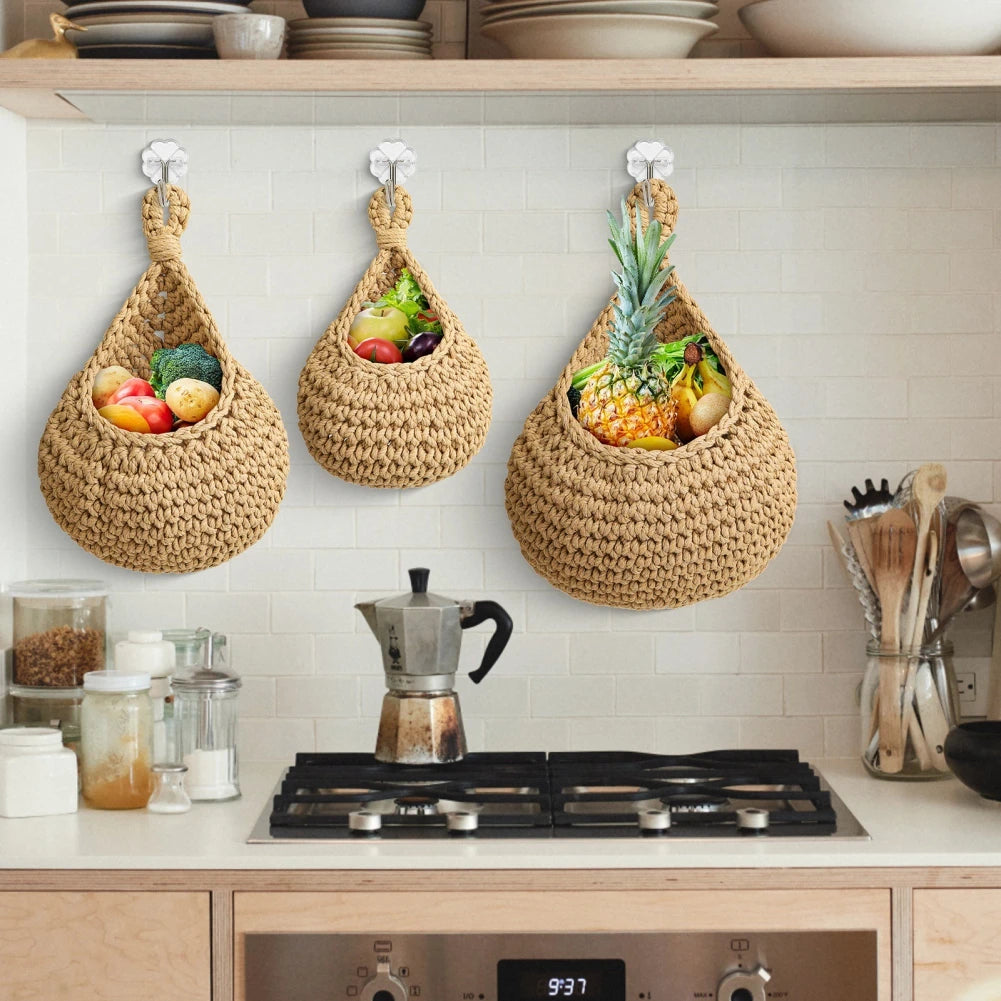 Handwoven Hanging Wall Vegetable Fruit Basket Organizer Container for Kitchen Garden Mount Wall Plant Flower Onion Storage Decor