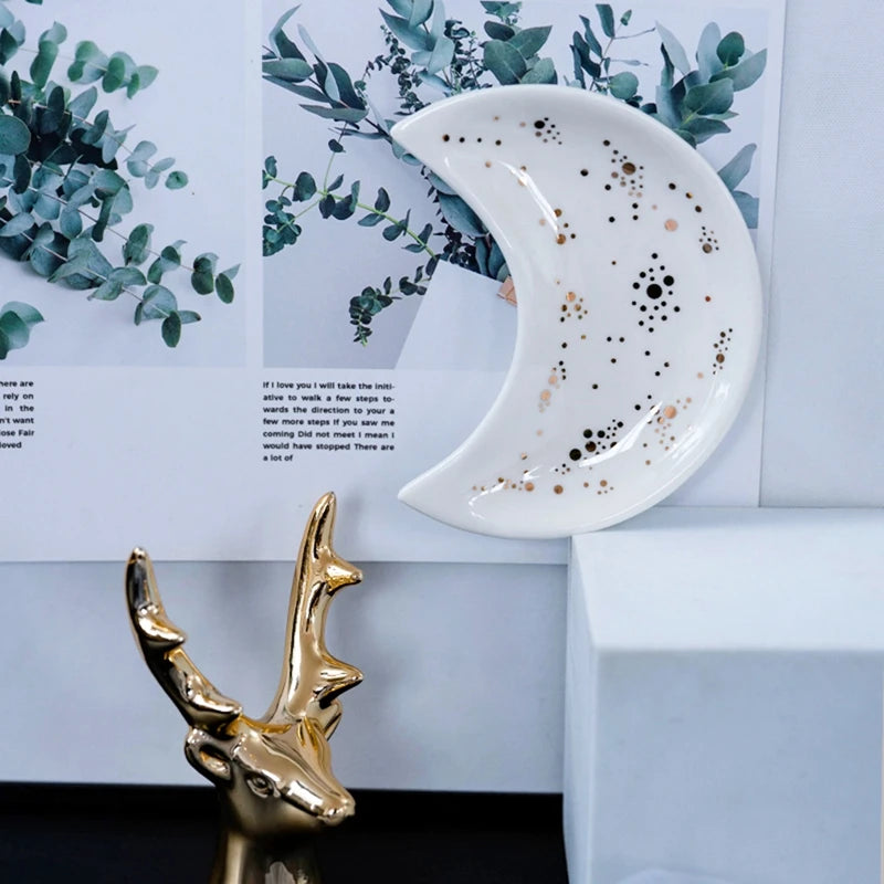Nordic Ceramic Moon Shape Small Jewelry Dish Earrings Necklace Ring Storage Plates Fruit Dessert Display Bowl Decoration Trays
