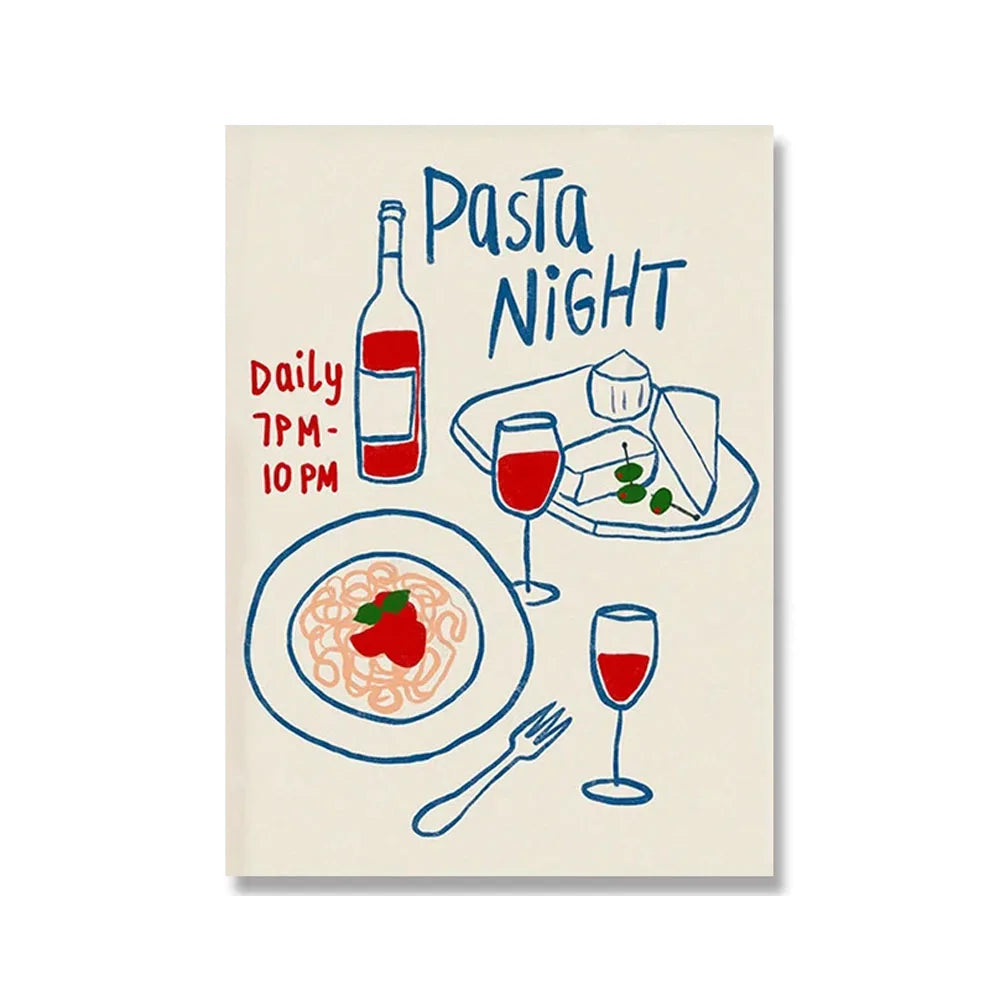 Wine & Cheese Noodles Wall Art Canvas Painting Modern Aesthetic Posters Prints Art for Dorm Kitchen Bar Club Home Decor Unframed