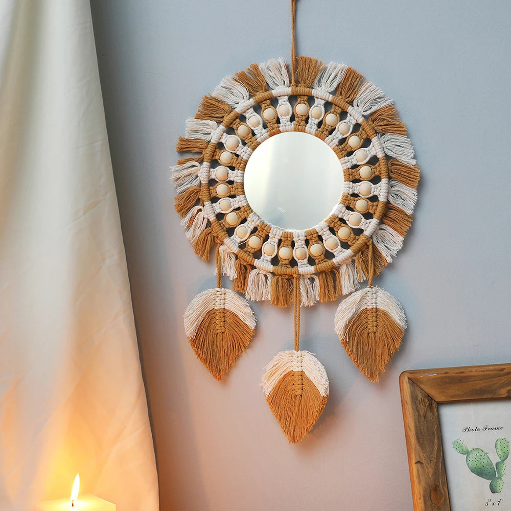 Boho Macrame Round Mirror Decorative Mirrors Aesthetic Room Decor Hanging Wall Mirror for Bedroom Living Room House Decoration