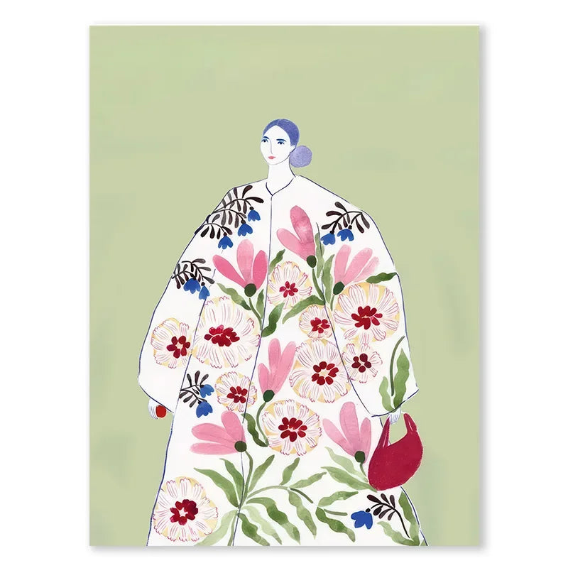 Tulip Violets Vase Woman Coat Flower Posters Light Green Abstract Aesthetics Canvas Painting Print Pictures Living Room Decor