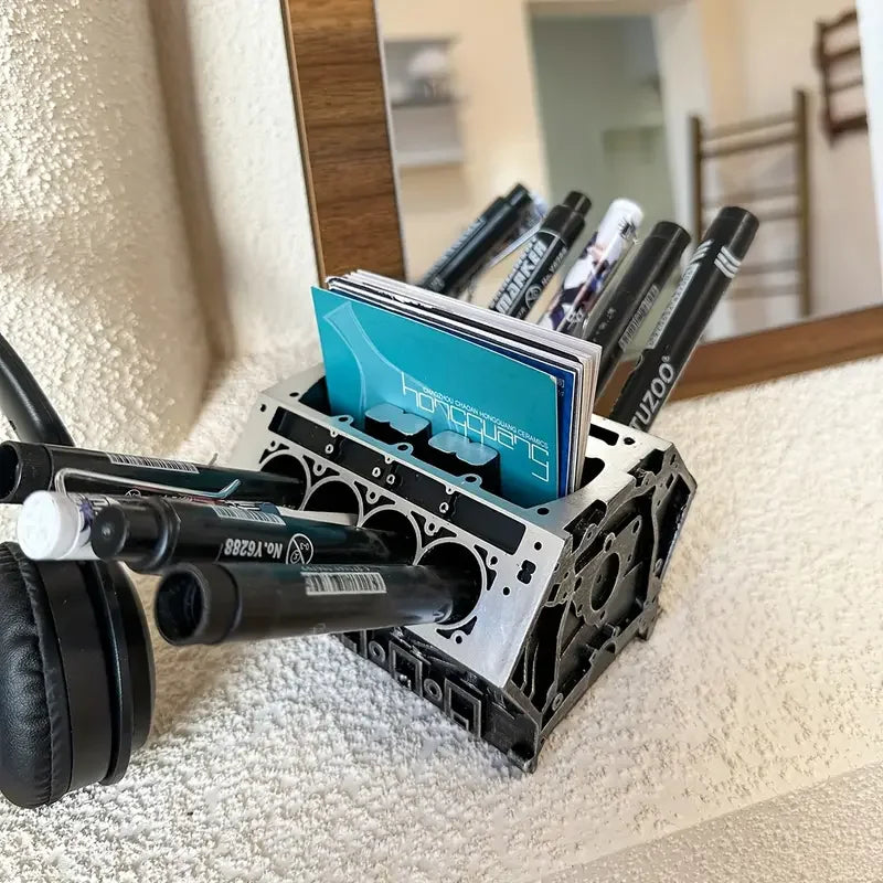 Creative Engine Block Desk Organizer Business Card Pen Holder Perfect Gift for Car Enthusiasts Resin Construction