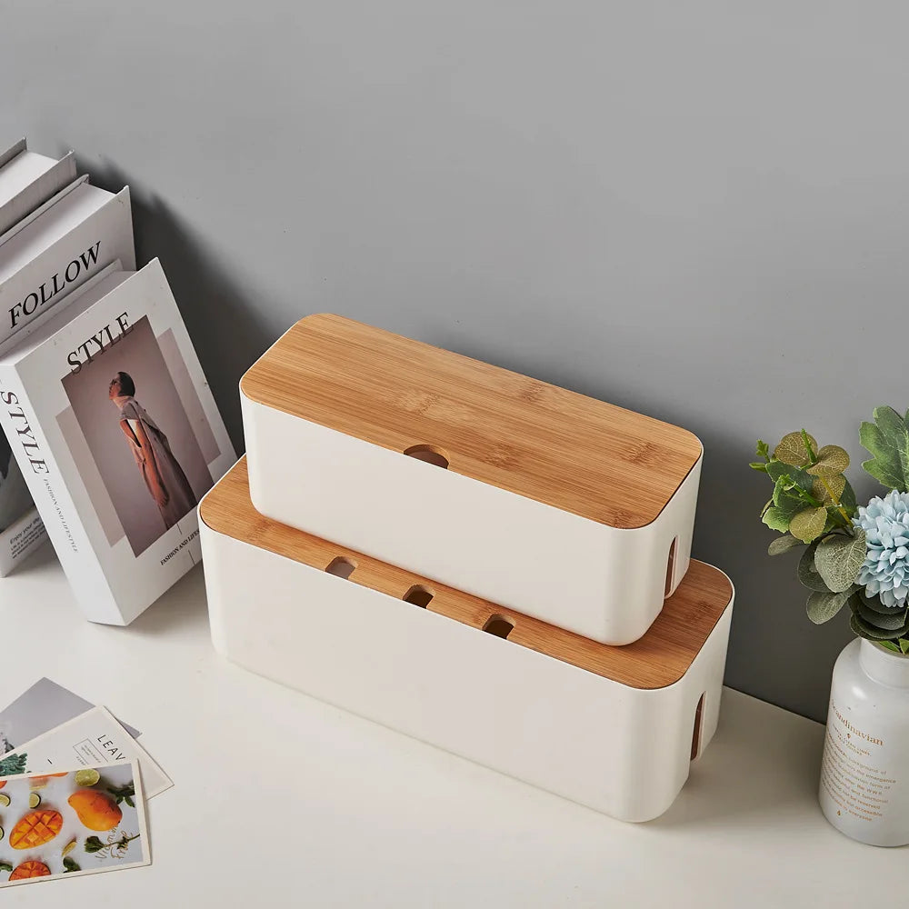 Cable Management Box Bamboo Cover Wire Junction Board Storage Box Hide Wires Power Strips Desk shelf Cable Makeup Organizer Boxs