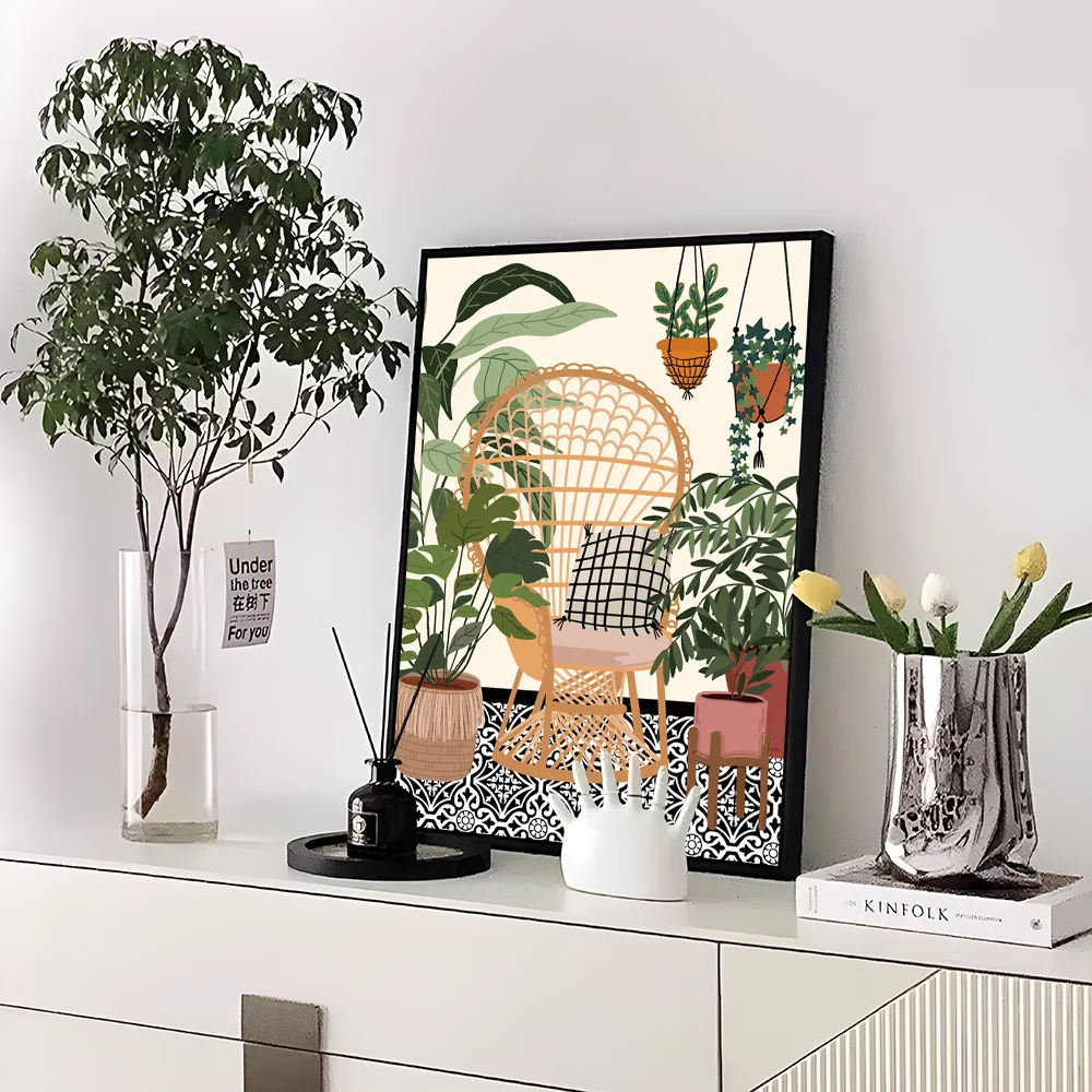 Greek Tile Botanical Plants Art Boho Green Leaves  Self-adhesive Art Poster Whitepaper Sticker DIY Room Bar Cafe Wall Decor