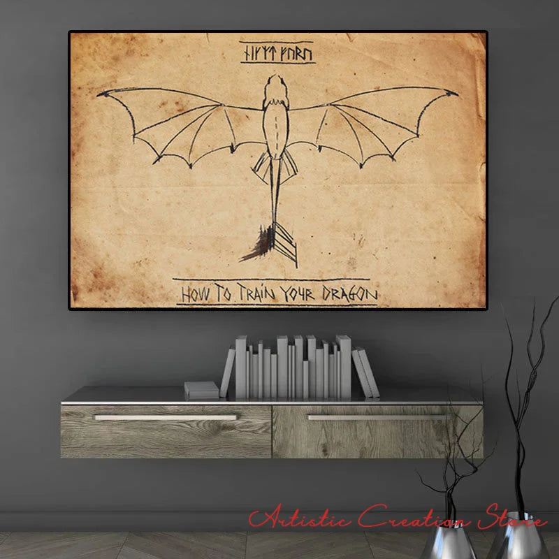 HOW To Train Your Dragon Posters Vintage Minimalist Line Canvas Print Wall Art Pictures for Kids Room Bedroom Home Decor Gifts