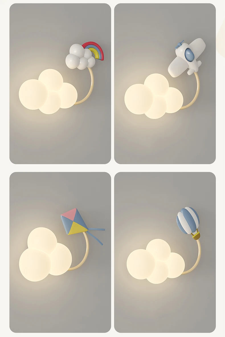 Cartoon Airplane Wall Lights PE Lampshade Star Rainbow Kite Hot air balloon Cloud Night Light Children Bedroom Bedside Wall Lamp