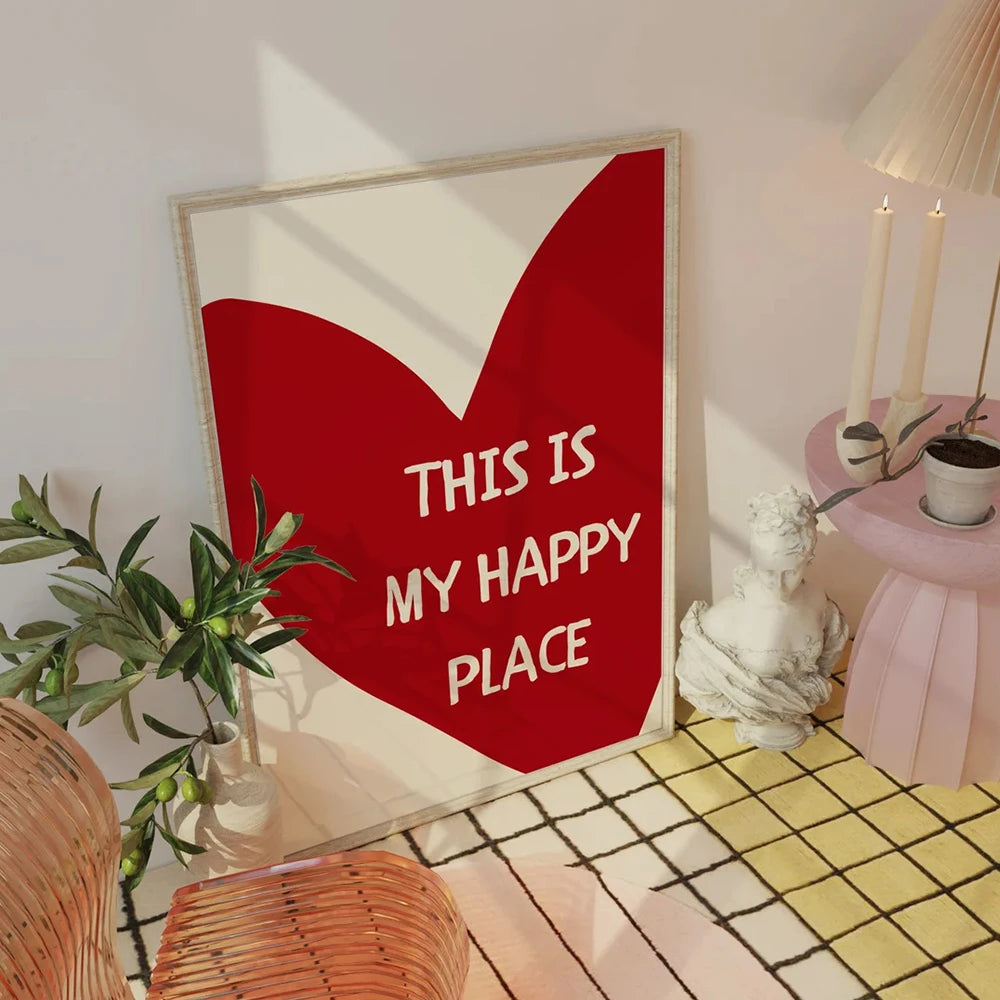 Lovely Trendy Red Heart Canvas Art Paintings Aesthetic This Is My Happy Place Wall Posters Prints for Living Room Home Decor