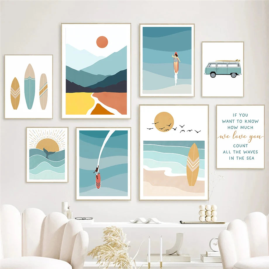 Abstract minimalist Sea Beach Surfboard Mountain Posters And Prints Wall Art Canvas Painting Wall Pictures For Living Room Decor