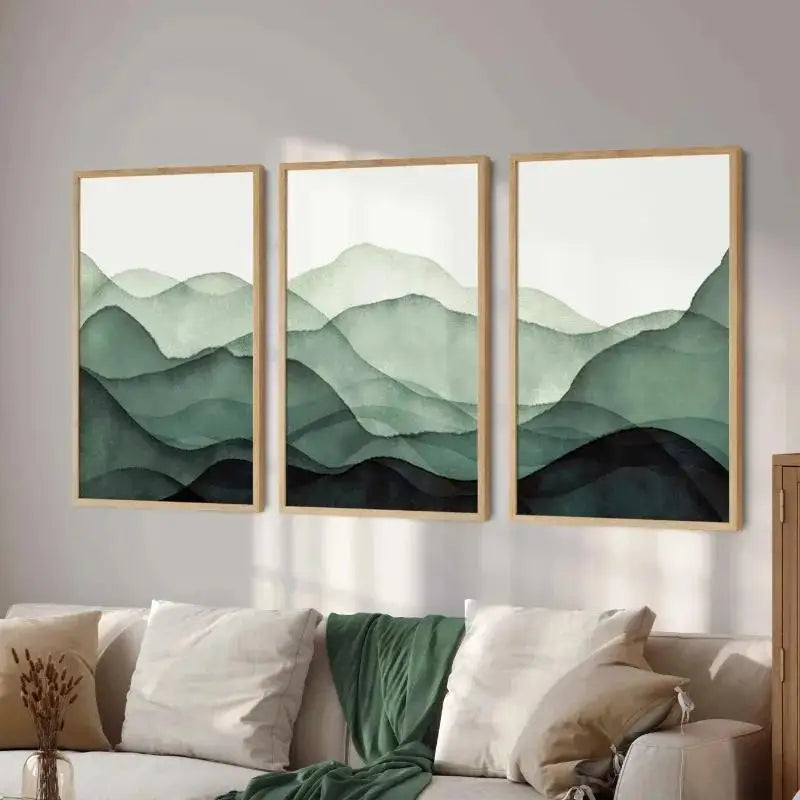 Piece Abstract Green Mountain Ink and Wash Landscape Canvas Wall Art Prints  Modern Living Room Decor