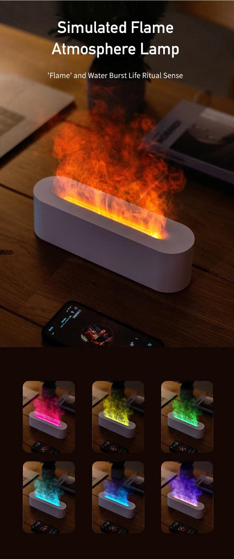 Flame Aroma Diffuser Essential Oil Air Humidifier Ultrasonic Cool Mist Difusor with RGB Realistic Fire Night Light