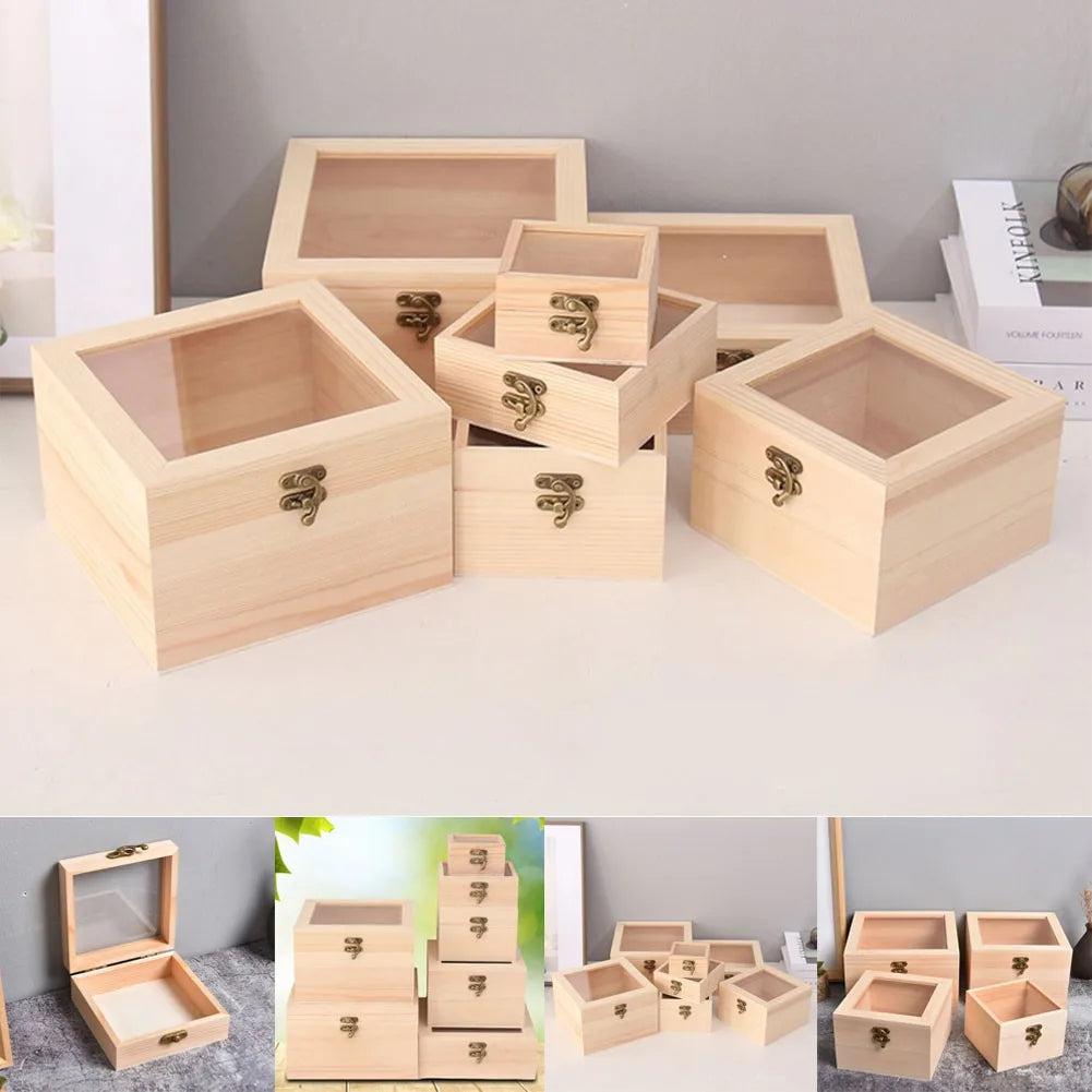 Wooden Square Hinged Storage Boxes Craft Gift Storage Container Dust Jewelry Box Desktop Organizer Wooden Gift Box