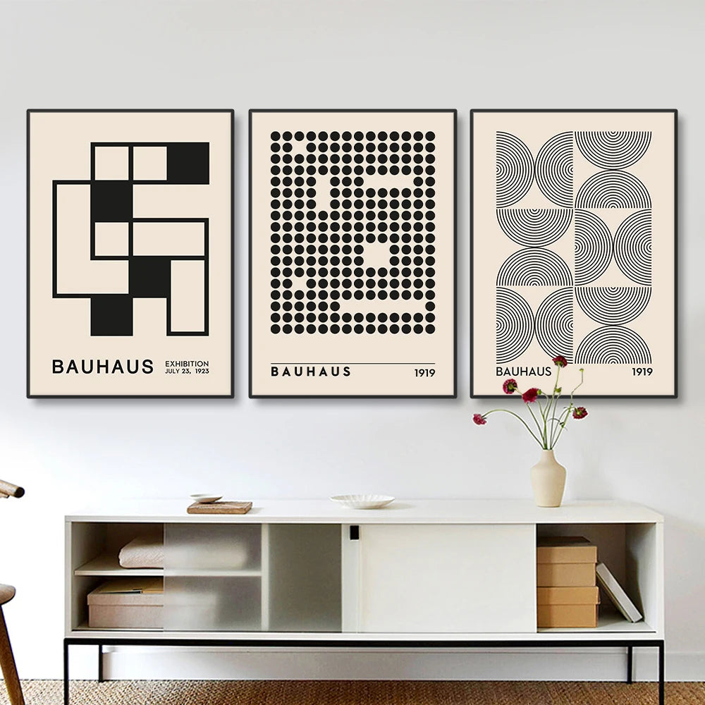 Abstract Bauhaus Style Geometric Wall Art Posters Prints Picture Vintage Black Beige Line Canvas Paintings For Modern Home Decor