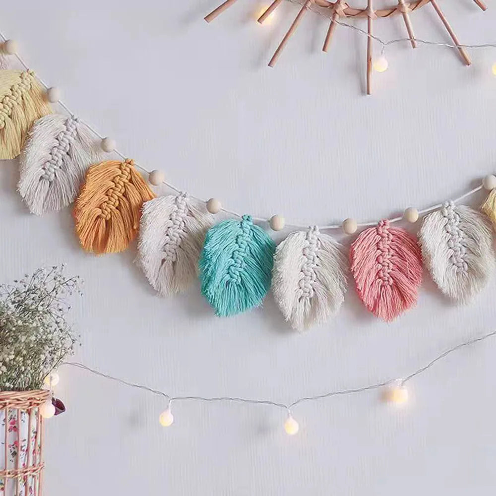 Modern Boho Tapestry Wall Decor Macrame Banner Garland Macrame Wall Hanging Leaves Tapestry Hand Woven Tapestry Boho Decor
