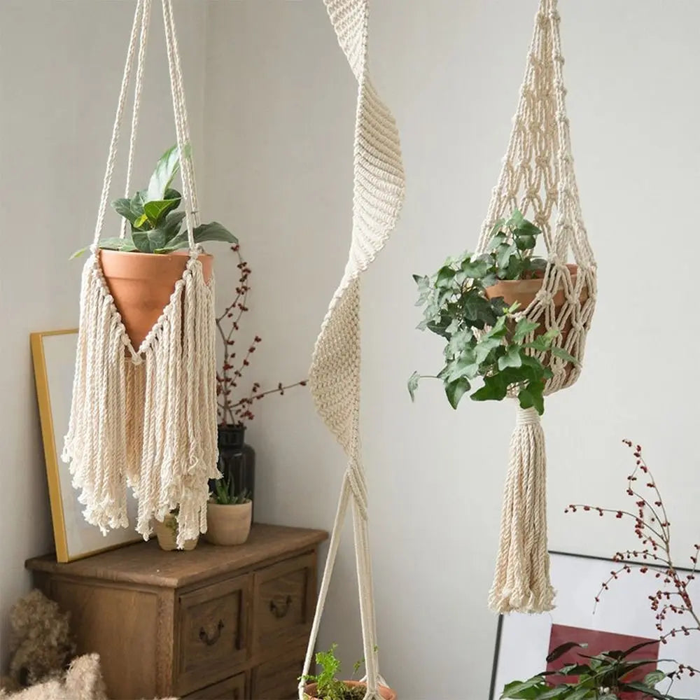 New Macrame Plant Hangers Handmade Beige Color Cotton Rope Hanging Planter Flower Pot Hanging Basket Home Decoration