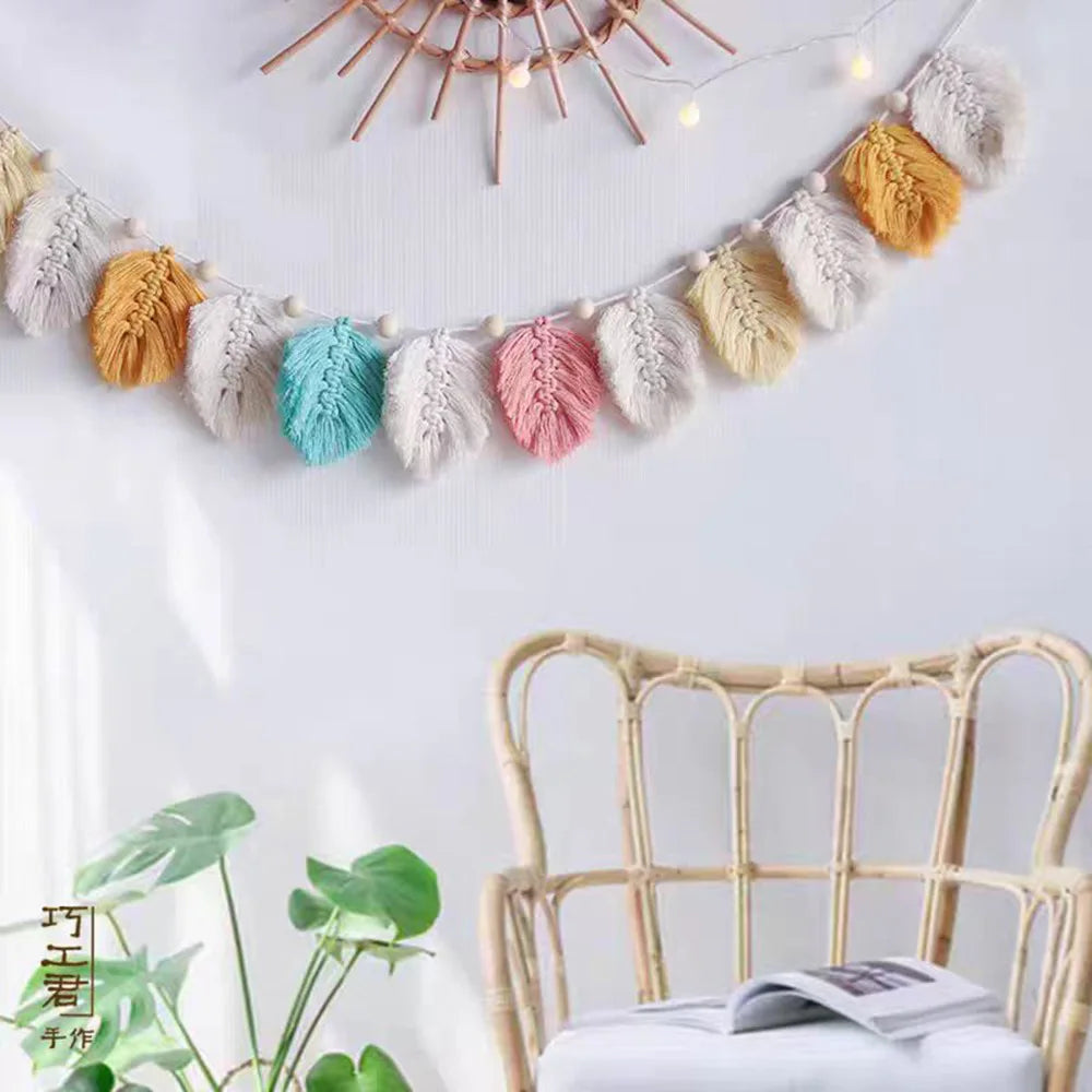 Modern Boho Tapestry Wall Decor Macrame Banner Garland Macrame Wall Hanging Leaves Tapestry Hand Woven Tapestry Boho Decor
