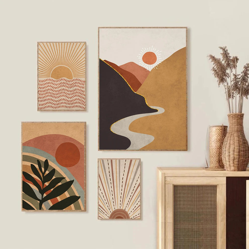 Mid Century Modern Orange Terracotta Boho Posters Wall Art Print Pictures Sun Canvas Painting Vintage Wall Poster Bedroom Decor