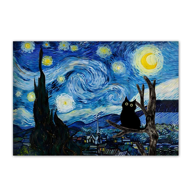 Funny Black Cat Wall Art Van Gogh Poster Abstract Famous Reproduction Canvas Painting Aesthetic Room Home Decor