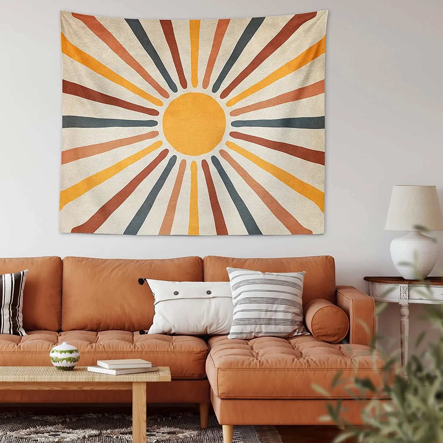 Vintage Sun and Moon Tapestry Retro 70s Rainbow Sunrise Sunset Abstract Boho Wall Hanging Hippie Meditation Bohemian Decor Tapiz